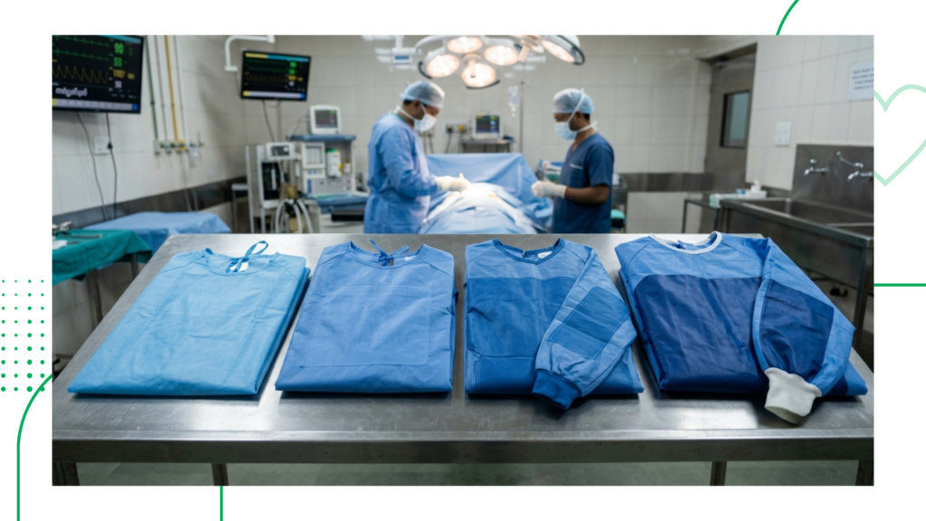 Blue sterile surgical gowns and operating room clothing arranged on a stainless steel table in a hospital