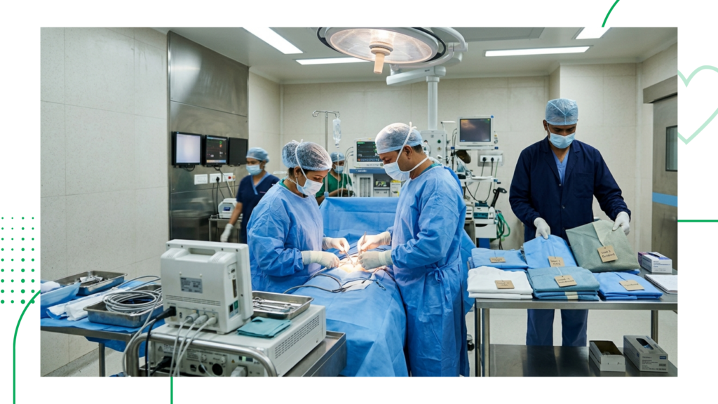 Surgical team performing a procedure in a hospital operating room with sterile surgical gowns and medical equipment