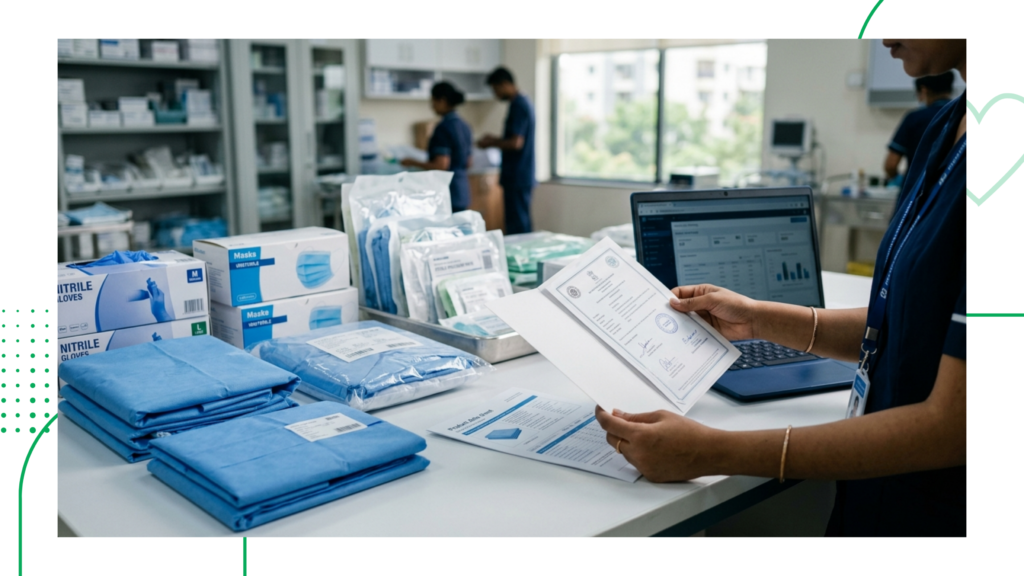 Healthcare worker inspecting medical certification documents and packaged surgical supplies in a hospital inventory area.