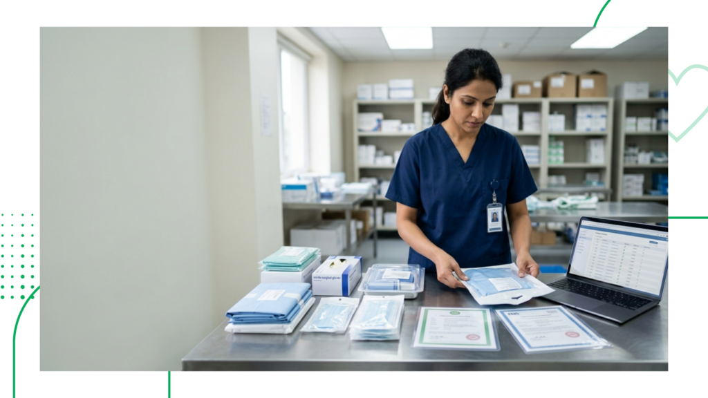 Healthcare professional organizing sterile surgical supplies and reviewing inventory on a laptop in a medical supply room.