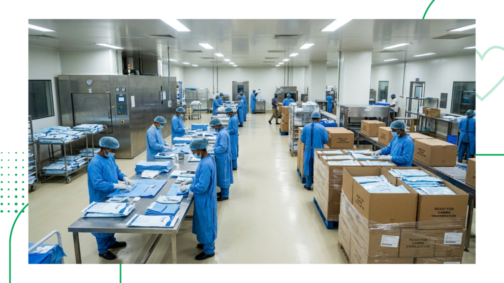 Medical assembly workers inspect and package sterile surgical packs on a cleanroom production line.