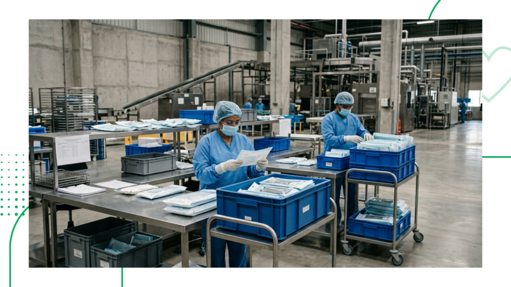 Large-scale medical manufacturing facility where technicians assemble and box sterile surgical packs for Gamma sterilization.