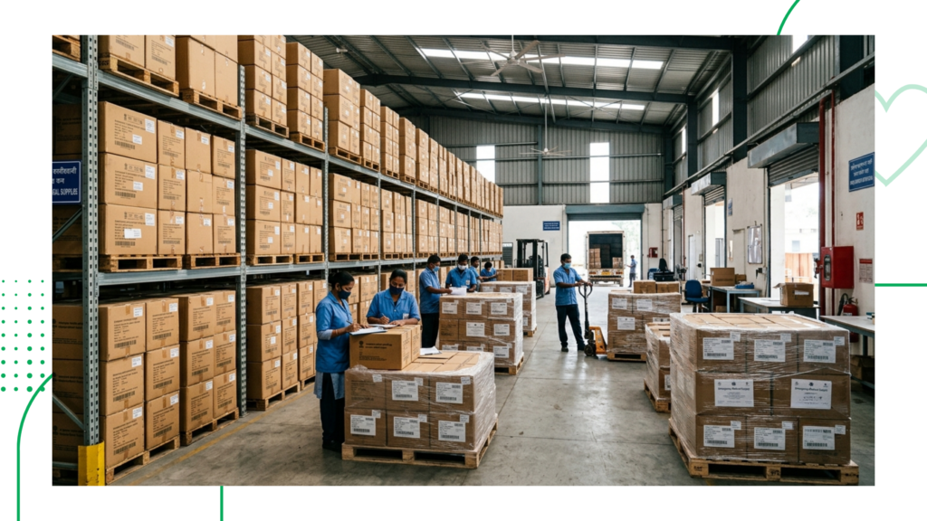 Warehouse logistics staff organizing and inspecting pallets of boxed healthcare kits for bulk distribution.