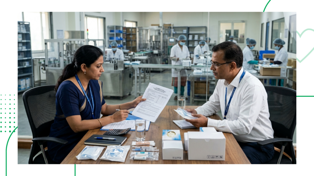 Text reading "How Healthcare Kit Manufacturers Support Government Tenders" next to officials inspecting medical surgical kits.